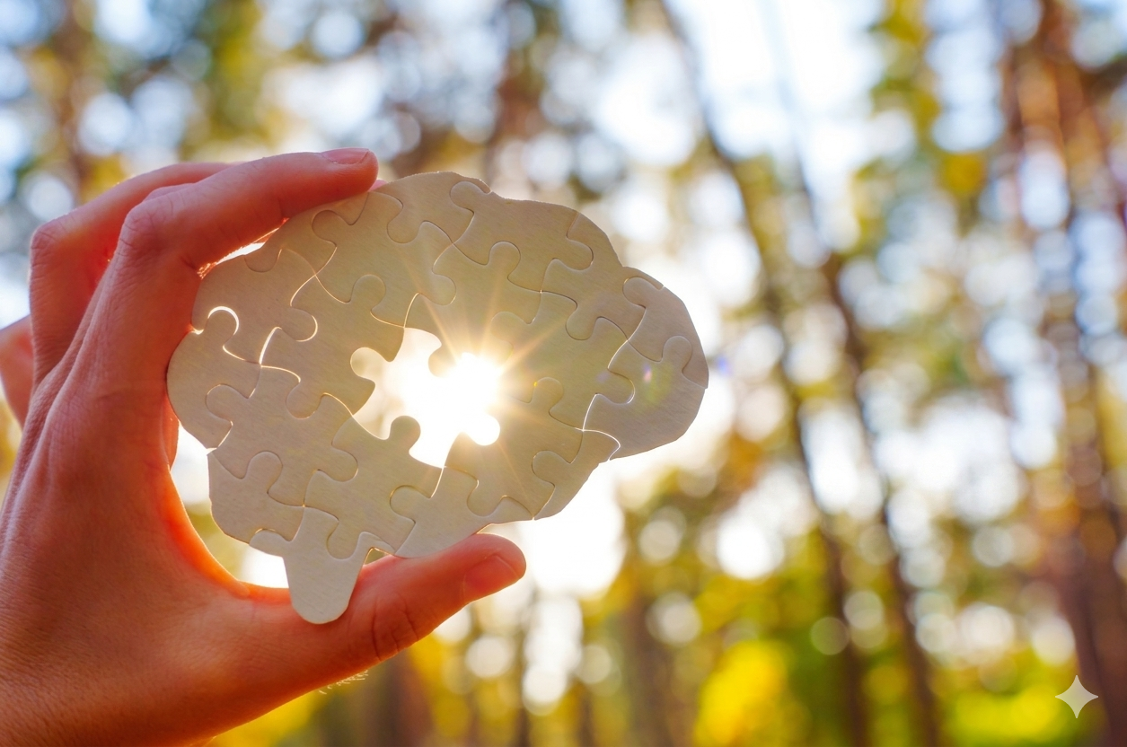 Hand holding a puzzle-piece brain cutout in sunlight — representing mental health and clarity